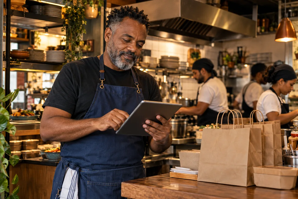 Responsável por restaurante conferindo um tablet